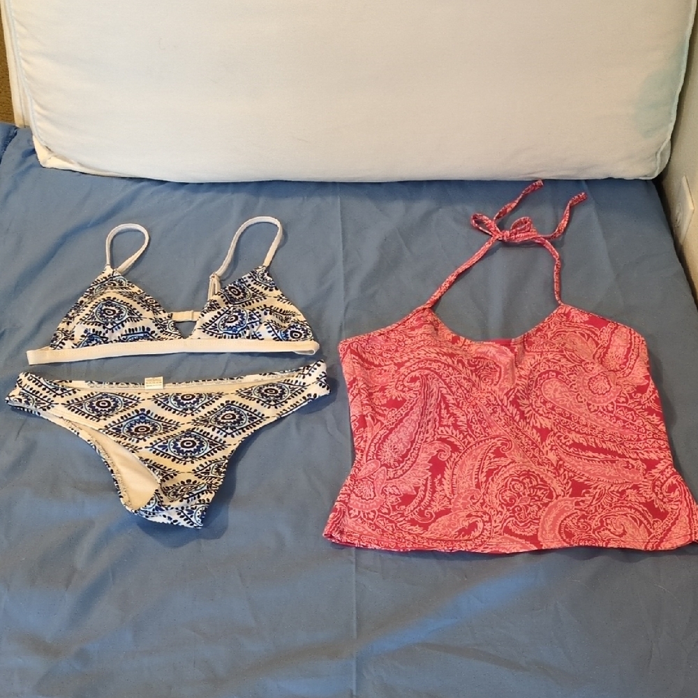 Merona Pink Tankini Top Sz 10 And Blue and White Bikini M Set